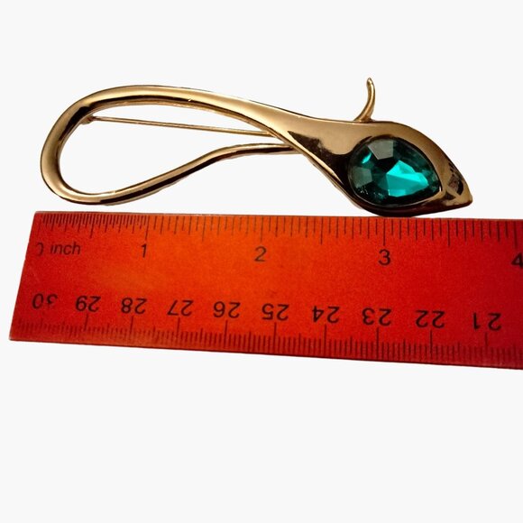 Peacock Feather Brooch Emerald Green Rhinestone Vintage Gold Tone Retro Jewelry - Picture 5 of 5